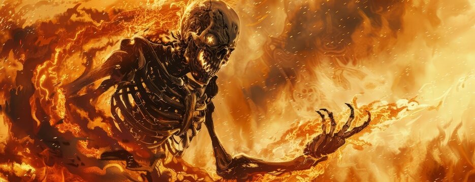 Side view illustration of a horror character, a menacing demon skeleton engulfed in fire flames, set against a backdrop of raging hellfire
