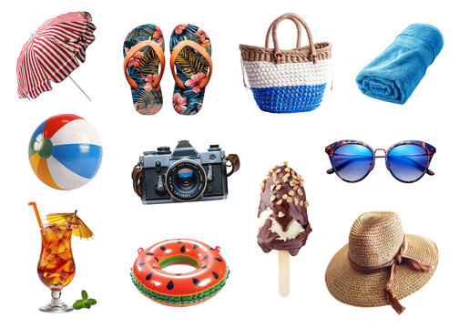 Set of summer accessories isolated on transparent background. Generative AI