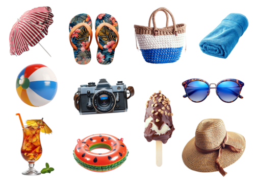 Set of summer accessories isolated on transparent background. Generative AI