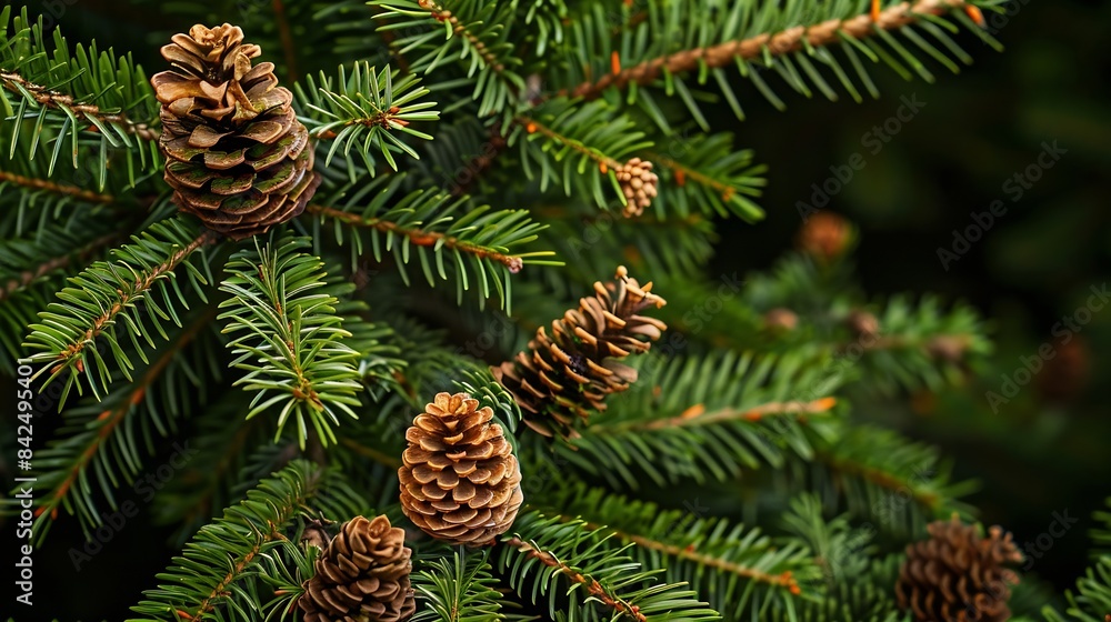 Poster blooming evergreen pine tree with pine cones : generative ai