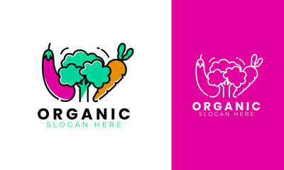 Organic vegetable logo design. Healthy food symbol with carrot, broccoli, and eggplant concept