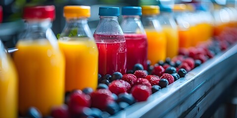 Fruit juice production line on conveyor belt in a beverage factory. Concept Manufacturing Process, Factory Equipment, Food Industry, Assembly Line Operations, Industrial Machinery
