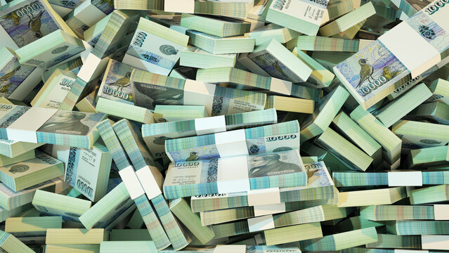 3D rendering of pile of stacks of Icelandic krona notes spread on screen surface. money krona background