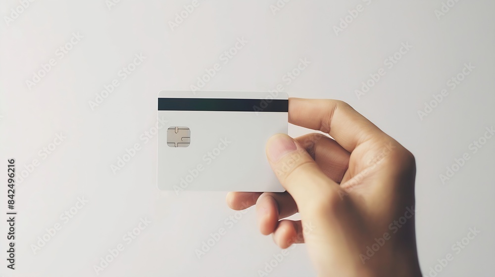Poster hand holding blank white credit card mockup with rounded corners plain creditcard mock up template w