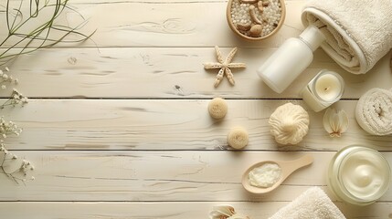 "Composition of Spa Treatment on Cream-Colored Wood Background"