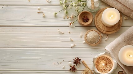 "Composition of Spa Treatment on Cream-Colored Wood Background"