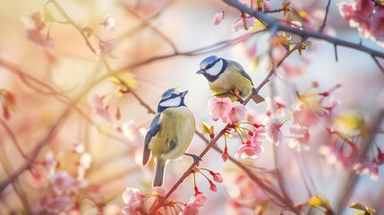 Fototapeta premium Little bird sitting on branch of blossom cherry tree The blue tit Spring time : Generative AI