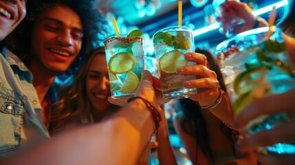 Cheering over mojitos in a happy group of friends at the restaurant cocktail bar - Young people enjoying themselves while sipping cocktails during happy hour at a pub - Youth concept and party time