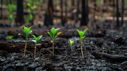 Plant shoots grow in the middle of gray land after a forest fire disaster.