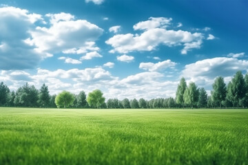 Fototapeta premium Blurred background of spring or summer nature background with green trees and grass lawn