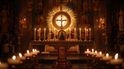 *An ostensory used for worship during a Catholic church ceremony specifically for the adoration of the Blessed Sacrament is an integral part of the Eucharistic Holy Hour observed in the Cath