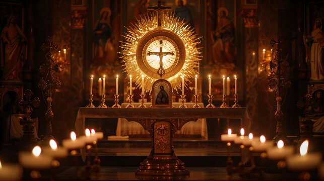 *An ostensory used for worship during a Catholic church ceremony specifically for the adoration of the Blessed Sacrament is an integral part of the Eucharistic Holy Hour observed in the Cath
