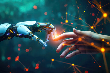 Hands of robot and human touching. Data exchange, deep learning, science and artificial intelligence technology