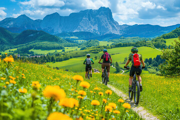 Obraz premium Cyclists in a beautiful landscape at summer