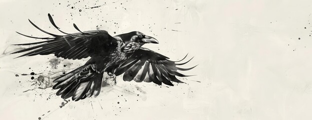 Top-down perspective of a raven gliding gracefully over a white space