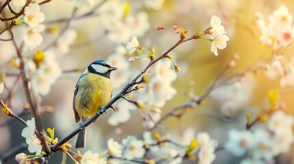 Obraz premium Little bird sitting on branch of blossom cherry tree The blue tit Spring time : Generative AI