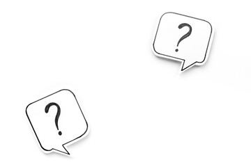 Ask concept. Question mark on paper speech bubble, top view