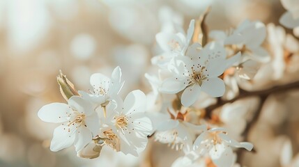 Closeup of white almond blossoms on a branch with a soft focus of blooming trees in the background : Generative AI