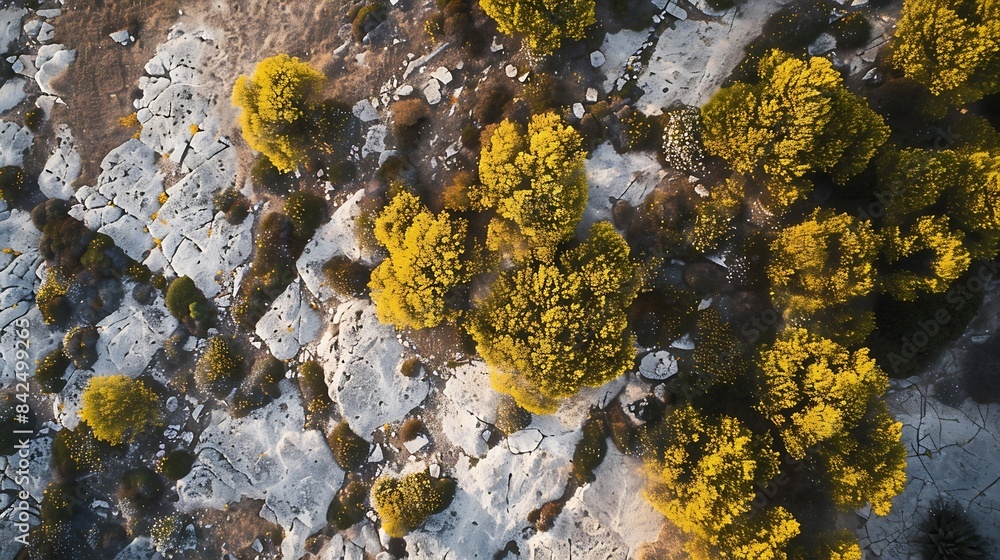 Poster top view of aerial view over alcarria landscape with contrasting patches of yellow blooming trees an