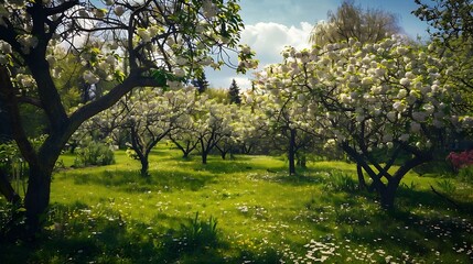Fototapeta premium Incredible ornamental garden with blooming lush trees on a sunny day Seasonal background Flowering orchard in spring time Scenic image of trees in dramatic garden Beauty of earth Ukrai : Generative AI