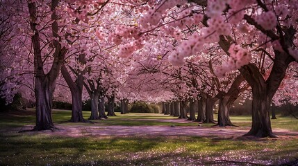 Naklejka premium Cherry tree blossom explosion in Hurd Park Dover New Jersey Same trees with green summer foliage can be found by searching for photo ID 707340079 : Generative AI