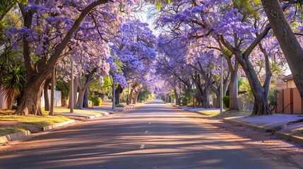 Empty street covered by blooming purple jacaranda trees : Generative AI