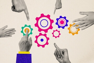 Composite photo collage of hands index finger point touch cogwheel mechanism teamwork colleagues...