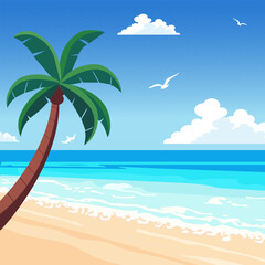 Vector summer landscape with palm tree, ocean and sandy shore in cartoon style.  
