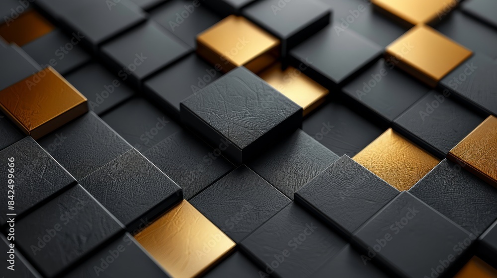 Poster A 3D rendering showcases abstract gold and black square patterns, ideal for sophisticated and modern designs