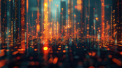 A cityscape at night with orange lights and blurred vertical lines representing data points, symbolizing the concept of big data in business analytics
