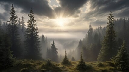 Incredibly beautiful sunrise in the forest