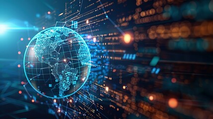 Obraz premium Digital world globe representing global network and connectivity on Earth, featuring high-speed data transfer, cyber technology, information exchange, and international telecommunications.