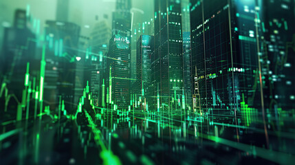 Obraz premium modern financial stock market background in the style of green trading chart and cityscape