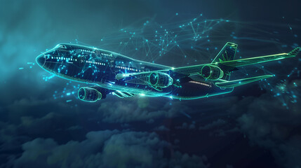 Delivery plane flying, blue and green thin technology lines on it.