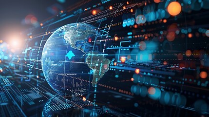Fototapeta premium Digital world globe representing global network and connectivity on Earth, featuring high-speed data transfer, cyber technology, information exchange, and international telecommunications.