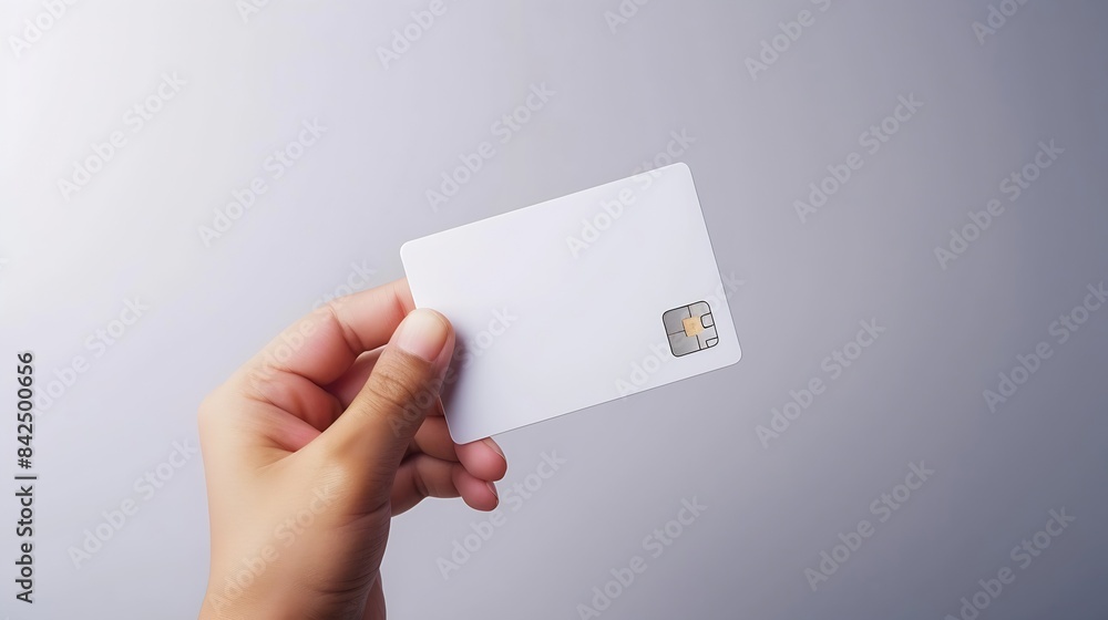 Poster hand holding blank white credit card mockup with rounded corners plain creditcard mock up template w