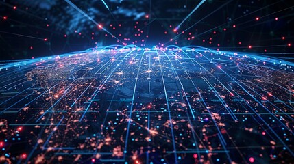 Fototapeta premium Digital world globe representing global network and connectivity on Earth, featuring high-speed data transfer, cyber technology, information exchange, and international telecommunications.