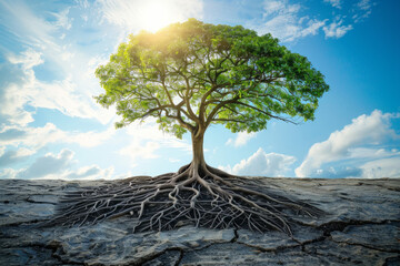 A tree with roots that break through concrete, standing tall and proud, symbolizing strength, empowerment, and the ability to overcome seemingly insurmountable obstacles 