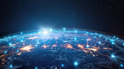Obraz premium Digital world globe representing global network and connectivity on Earth, featuring high-speed data transfer, cyber technology, information exchange, and international telecommunications.