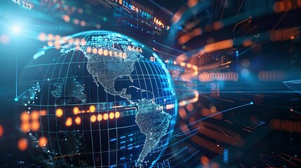 Digital world globe representing global network and connectivity on Earth, featuring high-speed data transfer, cyber technology, information exchange, and international telecommunications.