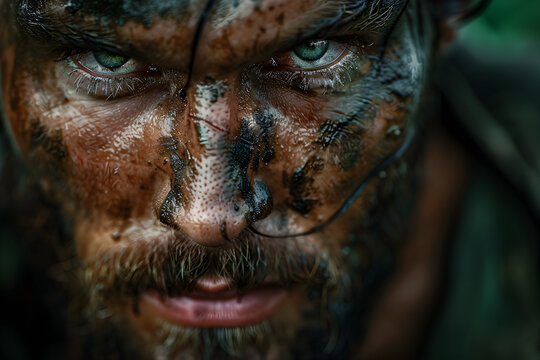 Close-up of a stern-looking warrior with scars on his face, staring bravely at the camera.