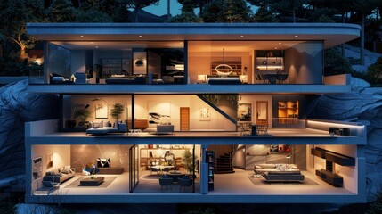 Cross section of a contemporary home at night, rendered in 3D 
