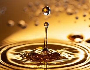 Pouring oil or honey drop on golden background. Macro shot.