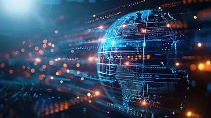 Obraz premium Digital world globe representing global network and connectivity on Earth, featuring high-speed data transfer, cyber technology, information exchange, and international telecommunications.