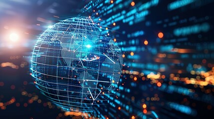 Digital world globe representing global network and connectivity on Earth, featuring high-speed data transfer, cyber technology, information exchange, and international telecommunications.