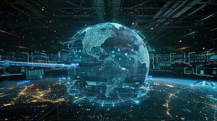 Obraz premium Digital world globe representing global network and connectivity on Earth, featuring high-speed data transfer, cyber technology, information exchange, and international telecommunications.