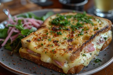 Croque Monsieur A Croque Monsieur sandwich with melted cheese and ham, topped with a golden bechamel sauce. Served with a side of mixed greens.