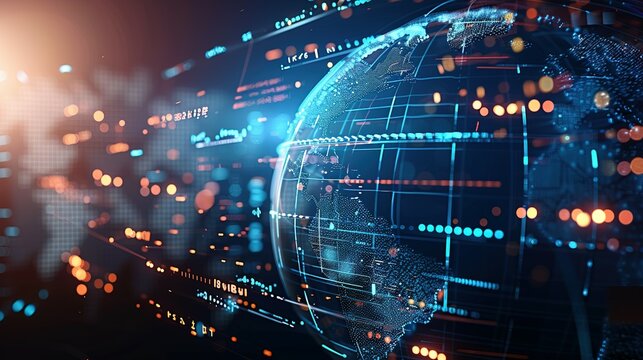 Digital world globe representing global network and connectivity on Earth, featuring high-speed data transfer, cyber technology, information exchange, and international telecommunications.