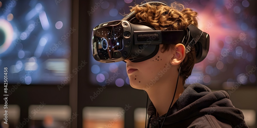 Poster student uses vr headset to study astronomy in futuristic science simulation. concept virtual reality