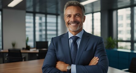 Fototapeta premium Happy mid aged business man ceo standing in office arms crossed. Smiling mature confident professional executive manager, proud lawyer, confident businessman leader wearing suit, portrait.